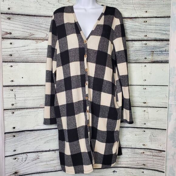 White Birch Women’s Black Ivory Buffalo Plaid Long Button Cardigan Sweater Size - Picture 1 of 10